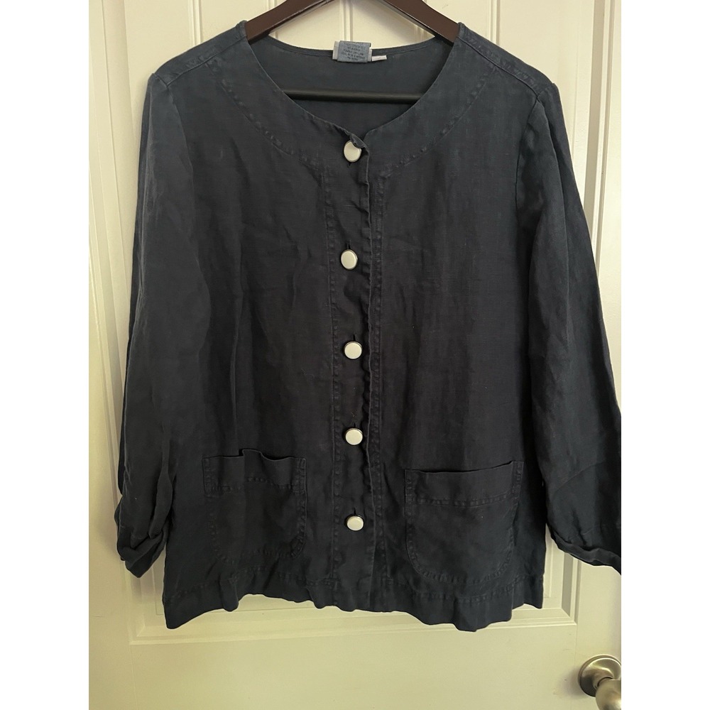 Hot Cotton Navy Blue 100% Linen Long Sleeve Buttonup Shirt Womens Large 694